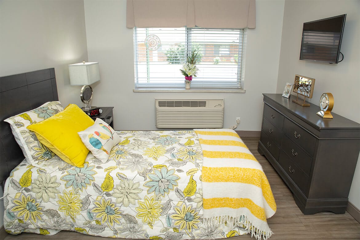 Spacious resident rooms include a twin-size bed.